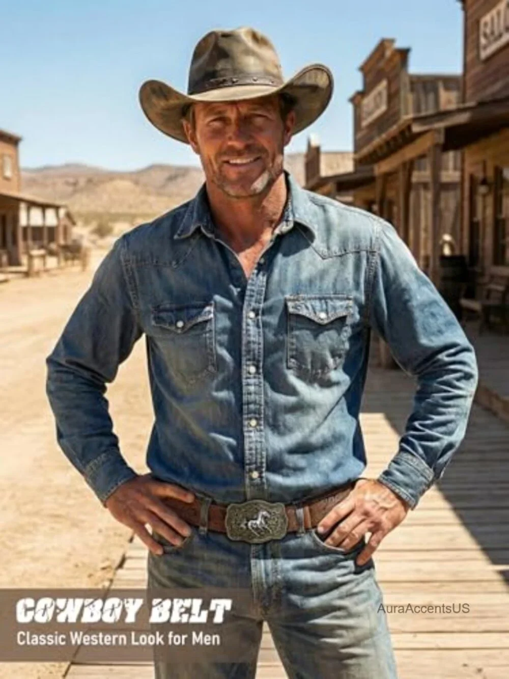 Western Cowboy Belt Set with Removable Buckles PU Leather Strap Adjustable Men